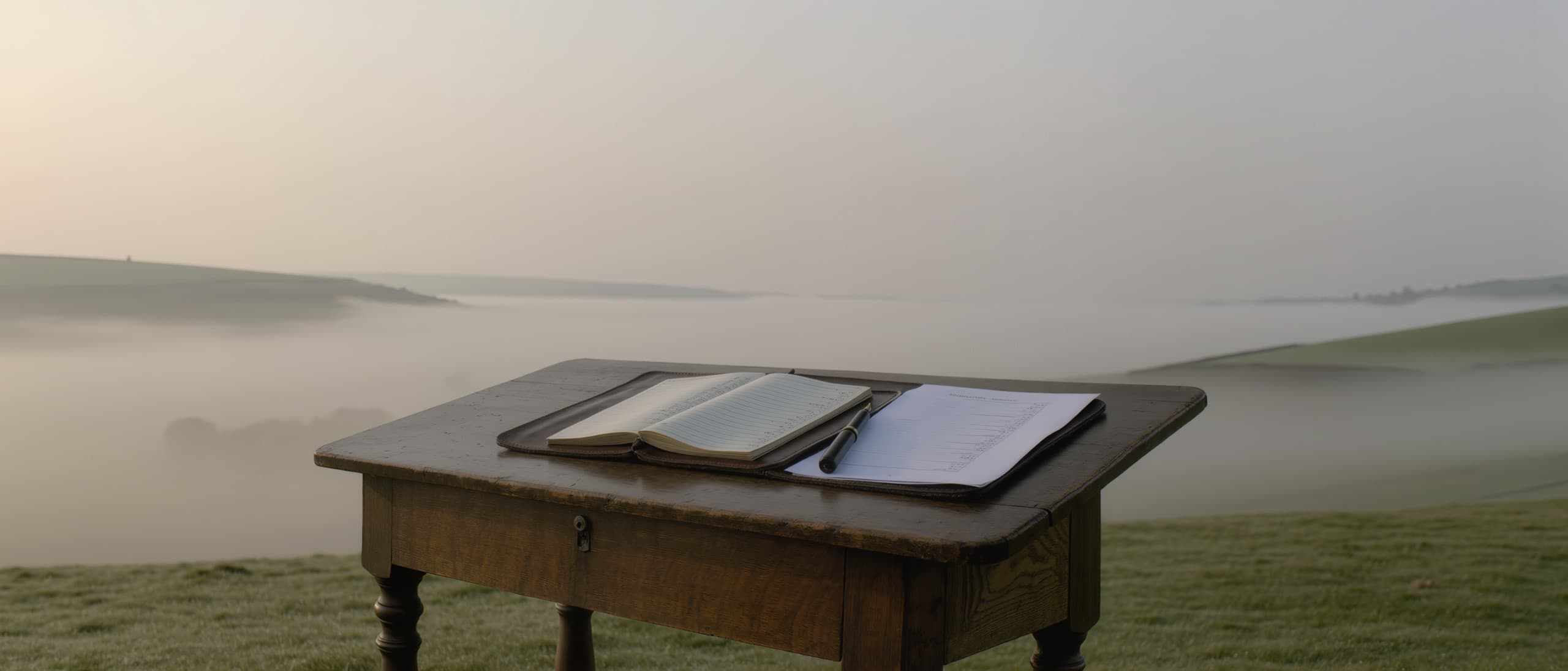 An open accounting ledger and a bank statement on a writing desk, overlooking a misty green valley at dawn
